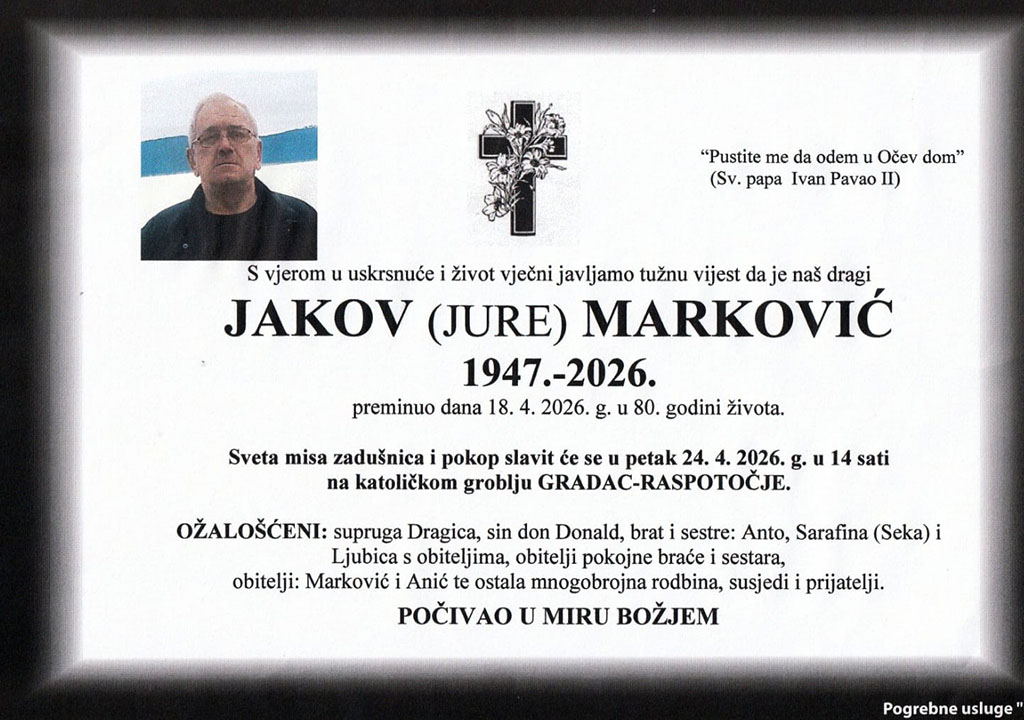 Preminuo Jakov Marković, otac vlč. Donalda
