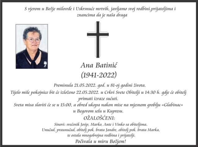 Preminula Ana Batinić, majka vlč. Josipa Batinića